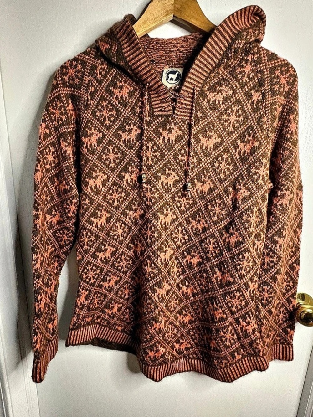Artesania Sz L Deer & Snowflake Alpaca Wool Hood Sweater Brown Coral Autumn Boho